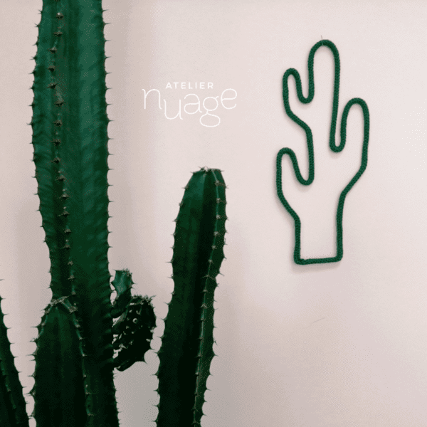 cactus en tricotin accroché sur un mur, derrière un gros cactus, en premier plan