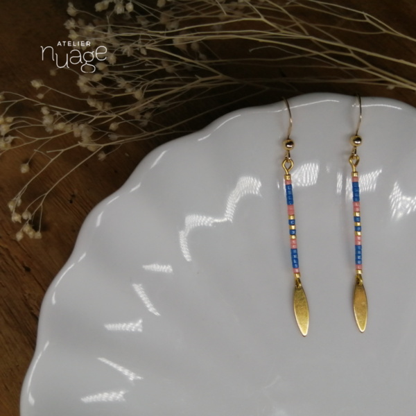 boucles d'oreilles verticales avec perles miyuki rose, turquoise et dorée et navette en bas dorée